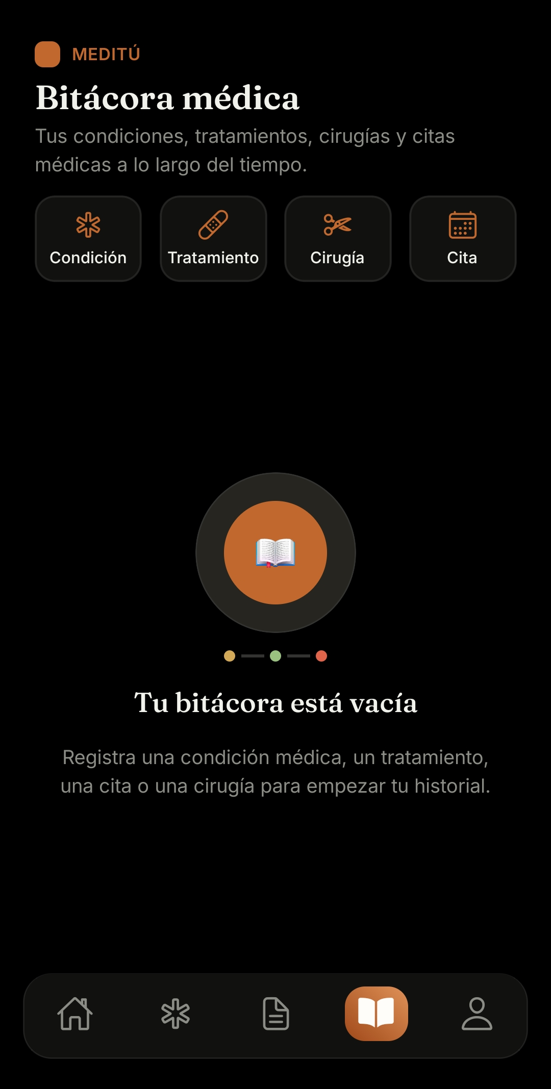 Bitácora médica: condiciones, tratamientos, cirugías y citas