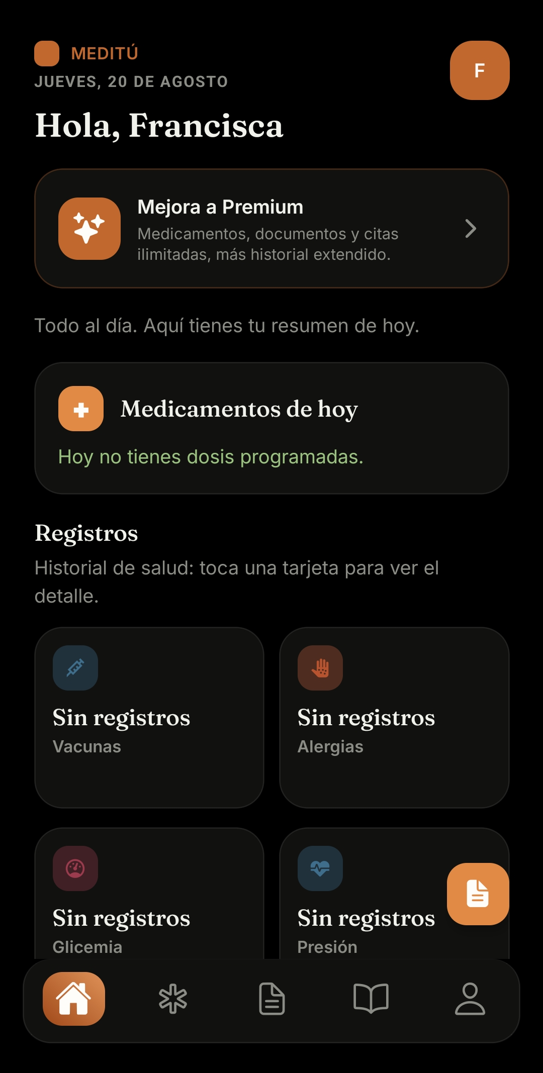 Pantalla de inicio de Meditu, con los medicamentos del día y los registros de salud